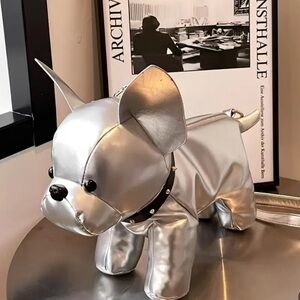 Silver vegan leather French bulldog handbag New